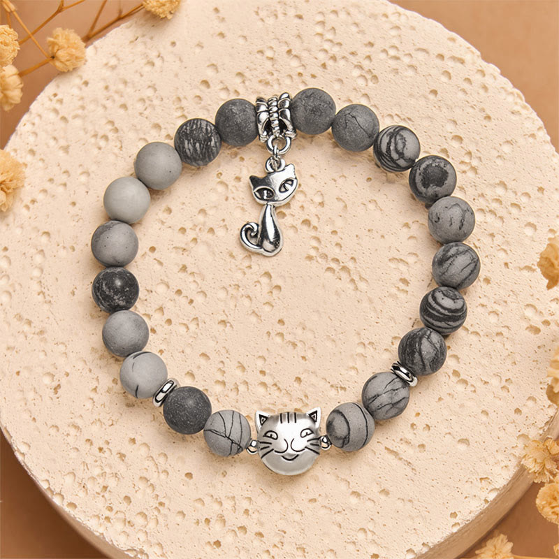 Buddha Stones Armband mit grau getigerter Katze, natürlichem schwarz geädertem Jaspis - image 2