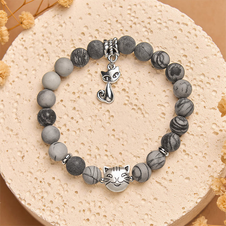 Buddha Stones Armband mit grau getigerter Katze, natürlichem schwarz geädertem Jaspis - image 2