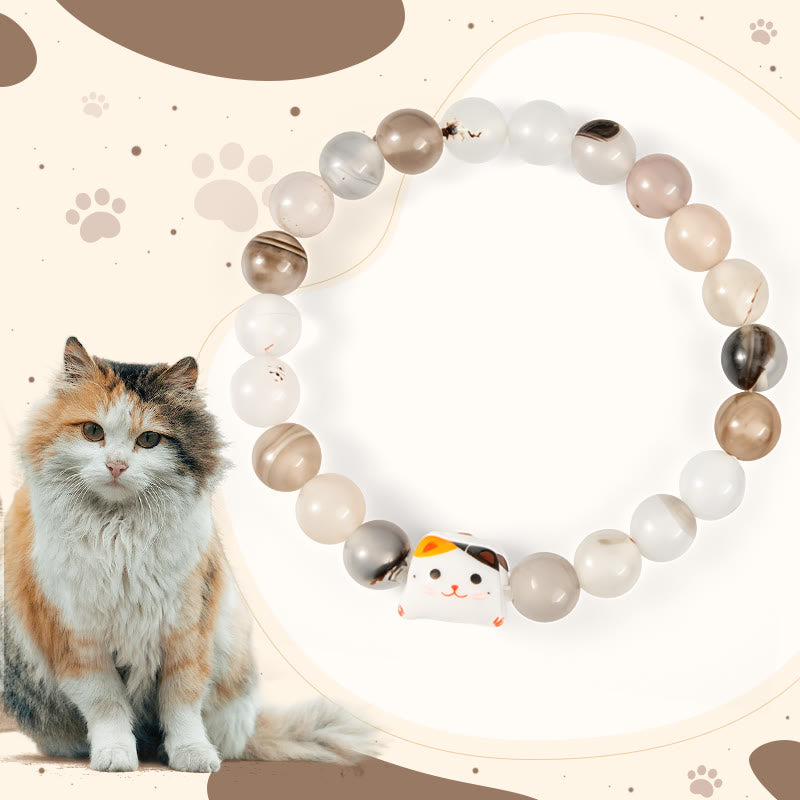 Buddha Stones Calico Cat Natur Achat Stein Keramik Kätzchen Kopf Power Armband - Kalikokatze (Handgelenkumfang 15–16 cm) - image 0
