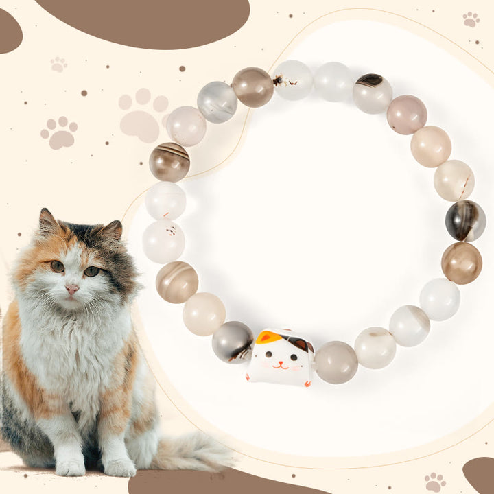 Buddha Stones Calico Cat Natur Achat Stein Keramik Kätzchen Kopf Power Armband - Kalikokatze (Handgelenkumfang 15–16 cm) - image 0
