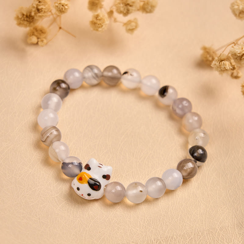 Buddha Stones Calico Cat Natur Achat Stein Keramik Kätzchen Kopf Power Armband - image 3