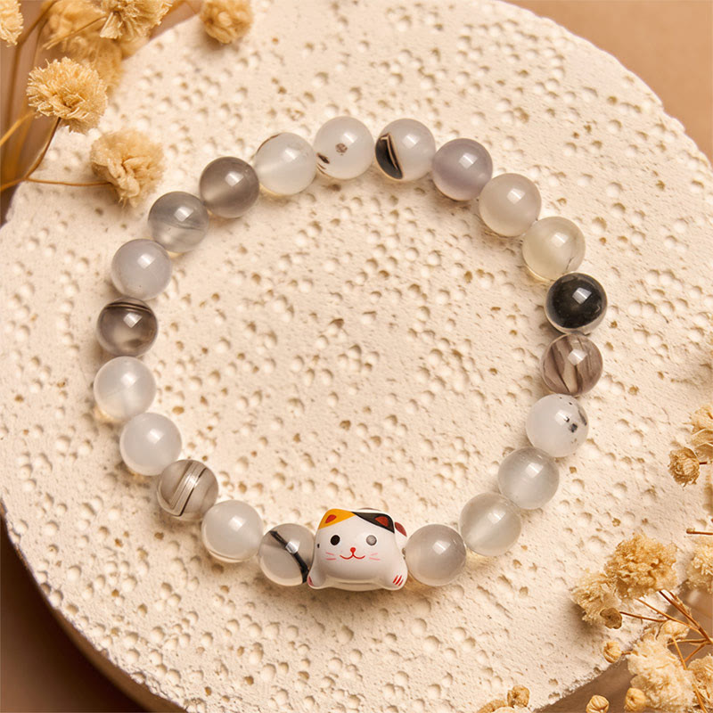 Buddha Stones Calico Cat Natur Achat Stein Keramik Kätzchen Kopf Power Armband - image 1