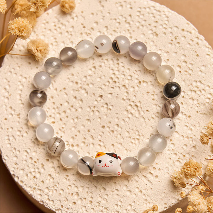 Buddha Stones Calico Cat Natur Achat Stein Keramik Kätzchen Kopf Power Armband - image 1