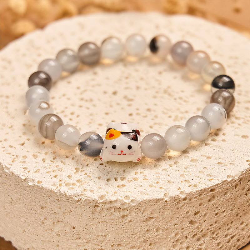 Buddha Stones Calico Cat Natur Achat Stein Keramik Kätzchen Kopf Power Armband - image 2