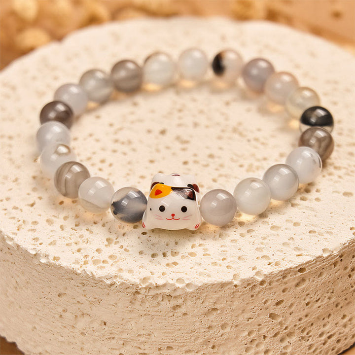 Buddha Stones Calico Cat Natur Achat Stein Keramik Kätzchen Kopf Power Armband - image 2