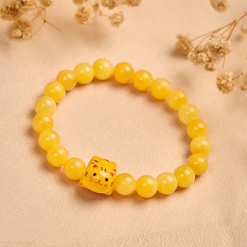 Buddha Stones Orange Tabby Katze Gelb Chalcedon Keramik Kätzchen Freude Armband - image 1