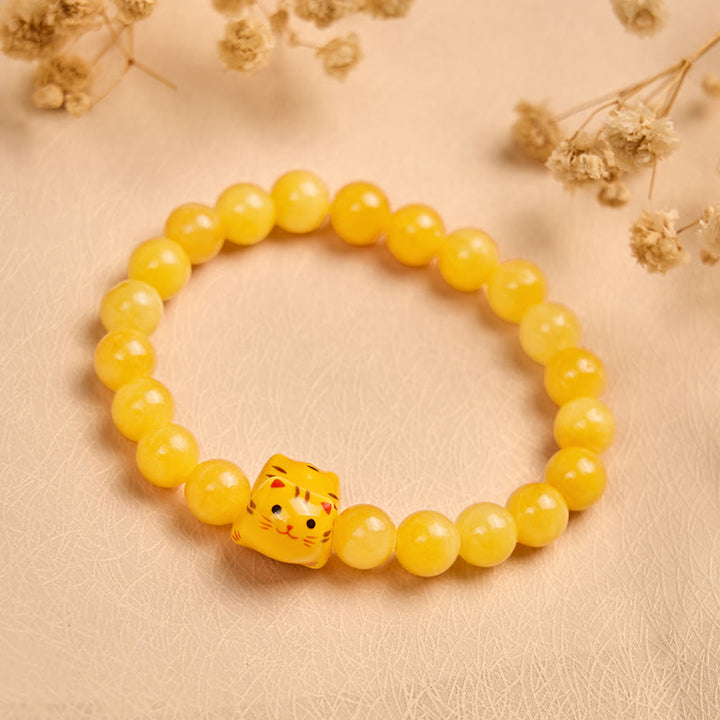 Buddha Stones Orange Tabby Katze Gelb Chalcedon Keramik Kätzchen Freude Armband - image 1