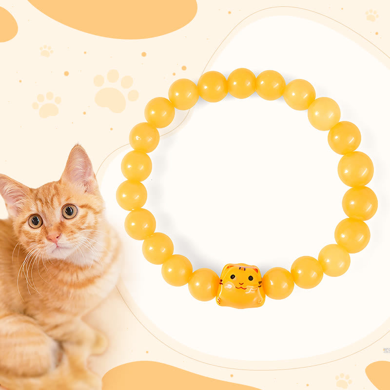 Buddha Stones Orange Tabby Katze Gelb Chalcedon Keramik Kätzchen Freude Armband - Orange getigerte Katze (Handgelenkumfang 15–16 cm) - image 0