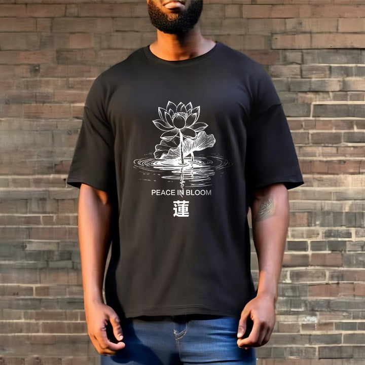Buddha Stones Lotusblume Lotusblatt Wellenmuster T-Shirt aus Baumwolle - image 3