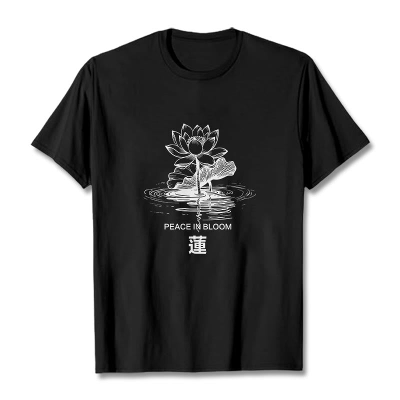 Buddha Stones Lotusblume Lotusblatt Wellenmuster T-Shirt aus Baumwolle - Schwarz - 2XL - image 1