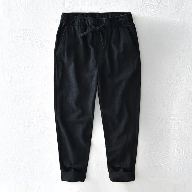 Buddha Stones Lässige, einfarbige, schlichte Herrenhose aus Ramie-Leinen mit Kordelzug und Taschen - Schwarz - US/UK/AU44, EU54 (4XL) - image 13