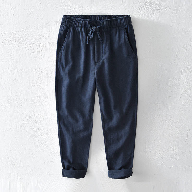 Buddha Stones Lässige, einfarbige, schlichte Herrenhose aus Ramie-Leinen mit Kordelzug und Taschen - Marine - US/ UK/AU44，EU54 (4XL) - image 19