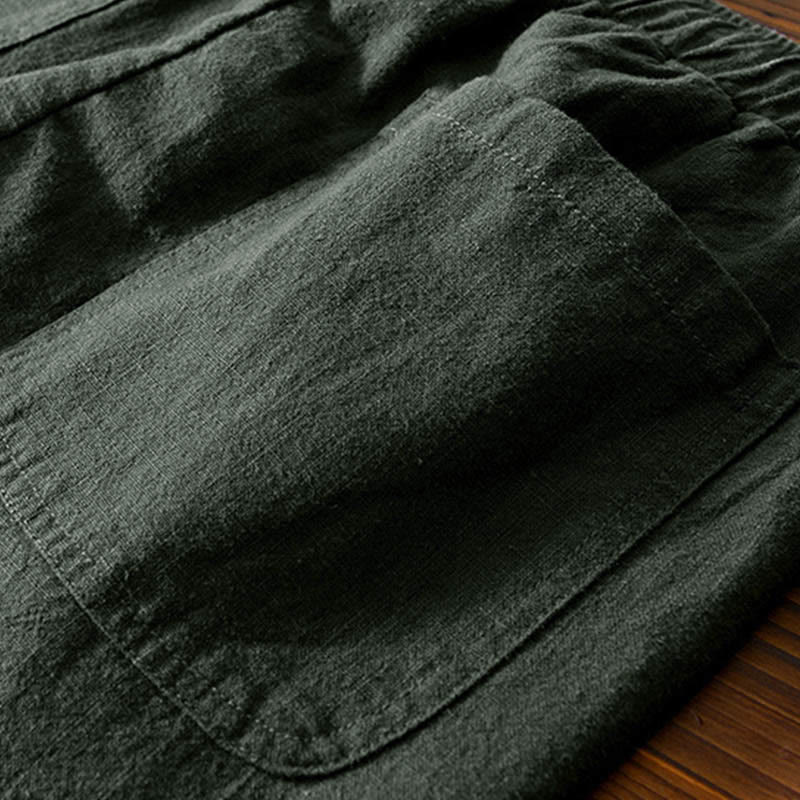 Buddha Stones Lässige, einfarbige, schlichte Herrenhose aus Ramie-Leinen mit Kordelzug und Taschen - image 25
