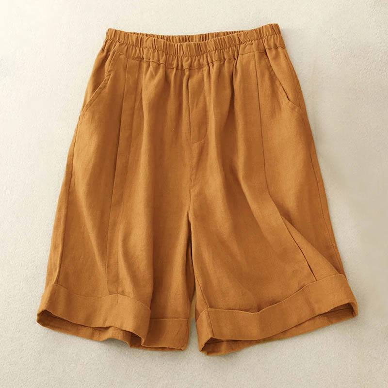 Buddha Stones Lässige, einfarbige Baumwoll-Shorts für Damen mit Taschen - Goldrute - US12， UK/AU16，EU44 (4XL) - image 1