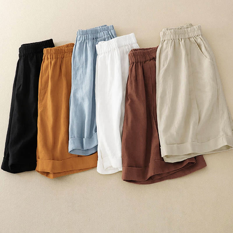 Buddha Stones Lässige, einfarbige Baumwoll-Shorts für Damen mit Taschen - image 37