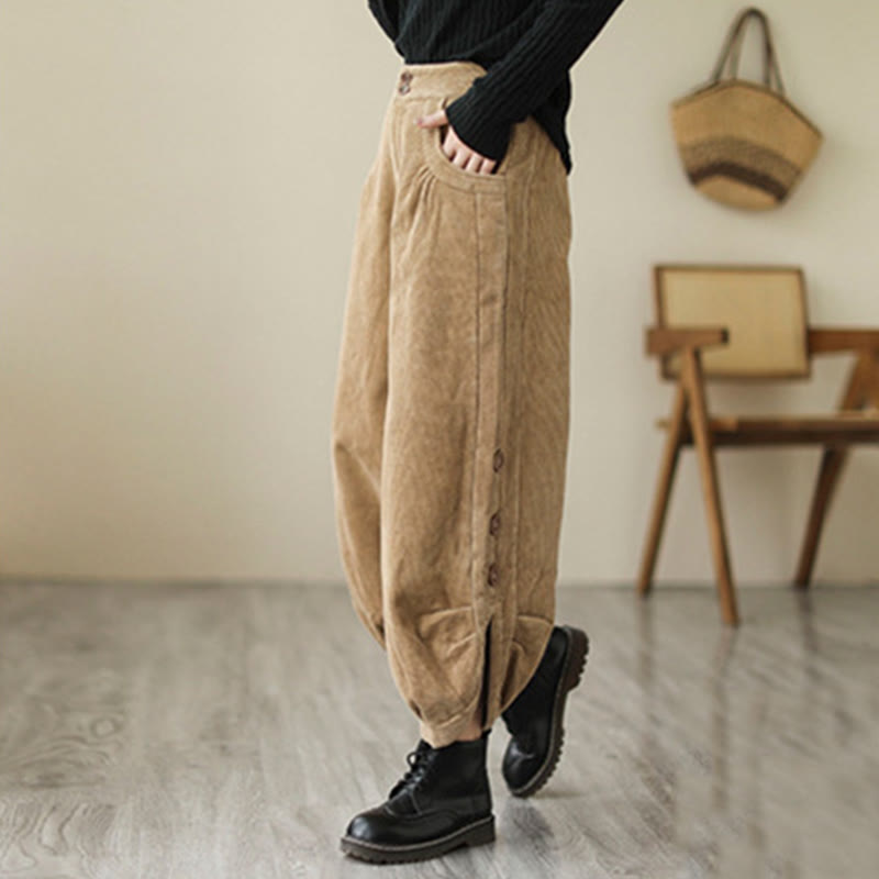 Buddha Stones Lässige Damen-Baumwollcordhose mit Taschen und Knöpfen am Beinausschnitt - image 2