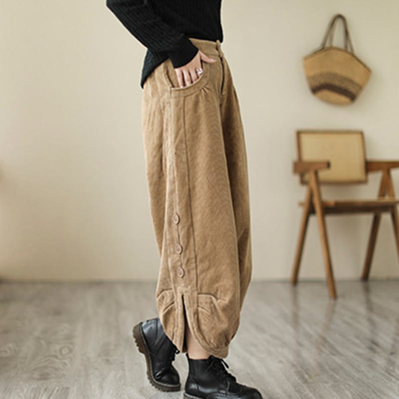 Buddha Stones Lässige Damen-Baumwollcordhose mit Taschen und Knöpfen am Beinausschnitt - image 4