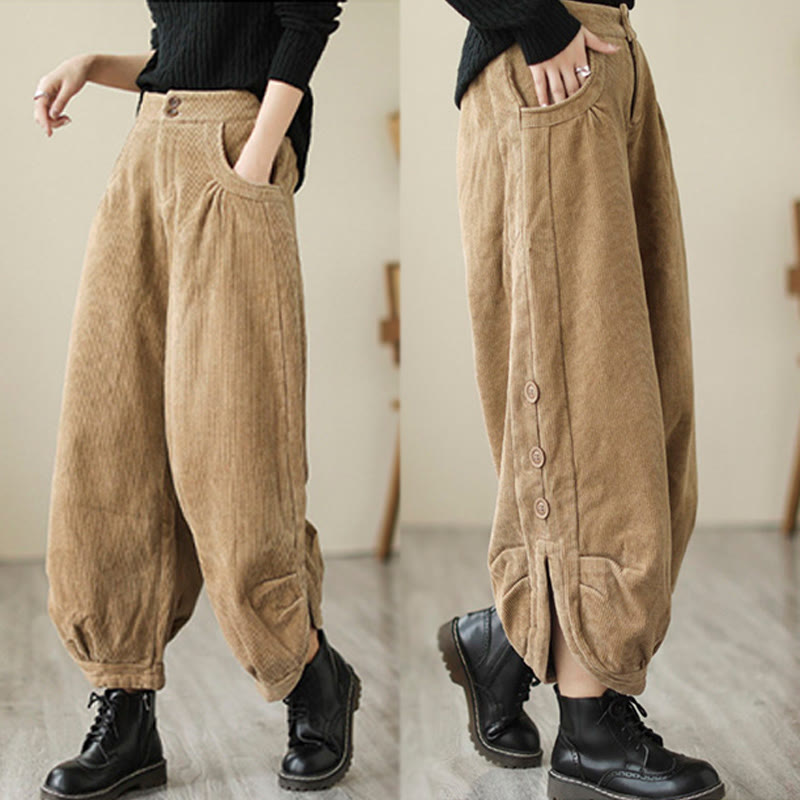 Buddha Stones Lässige Damen-Baumwollcordhose mit Taschen und Knöpfen am Beinausschnitt - image 5
