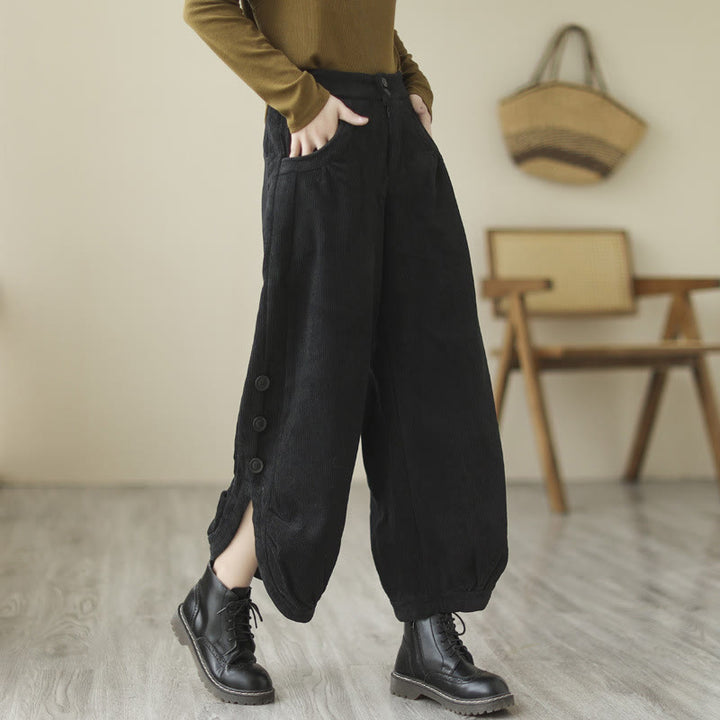 Lässige Cordhose für Damen mit Buddha Stones, Knöpfen, Beinöffnung und Taschen - Schwarz - US 8-10, UK/AU 12-14, EU 40-42 (2XL) - image 9