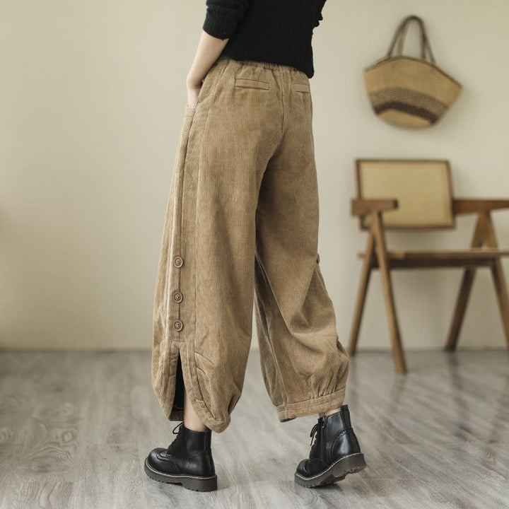 Buddha Stones Lässige Damen-Baumwollcordhose mit Taschen und Knöpfen am Beinausschnitt - image 3