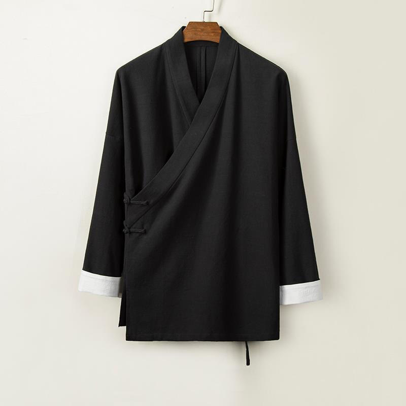 Buddha Stones Chinesische Froschknöpfe Langarm-Design Offene Frontjacke Herren-Kimono aus Baumwolle und Leinen - Schwarz - US/ UK/AU44，EU54 (4XL) - image 3