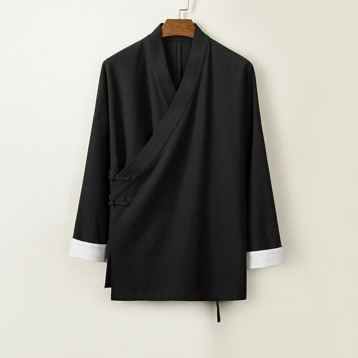 Buddha Stones Chinesische Froschknöpfe Langarm-Design Offene Frontjacke Herren-Kimono aus Baumwolle und Leinen - Schwarz - US/ UK/AU44，EU54 (4XL) - image 3