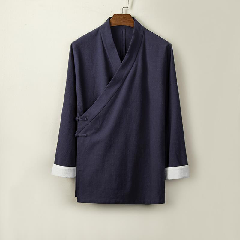 Buddha Stones Chinesische Froschknöpfe Langarm-Design Offene Frontjacke Herren-Kimono aus Baumwolle und Leinen - Mitternachtsblau - US/ UK/AU44，EU54 (4XL) - image 7