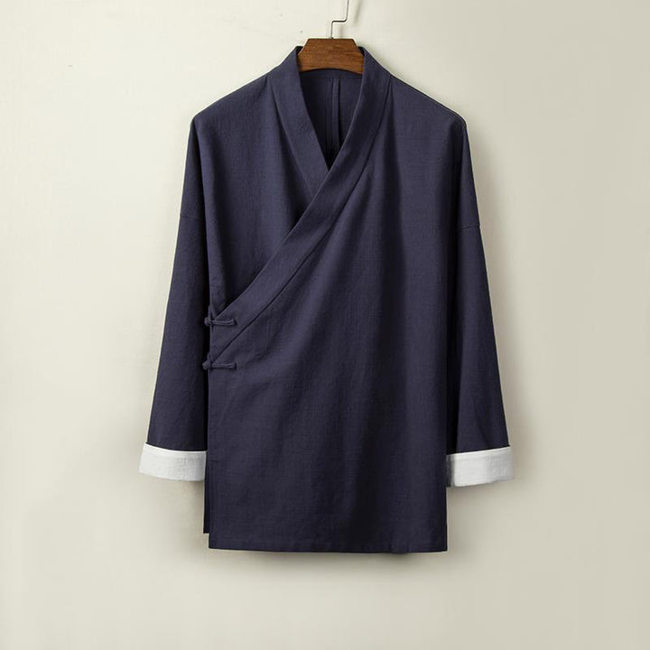 Buddha Stones Chinesische Froschknöpfe Langarm-Design Offene Frontjacke Herren-Kimono aus Baumwolle und Leinen - Mitternachtsblau - US/ UK/AU44，EU54 (4XL) - image 7