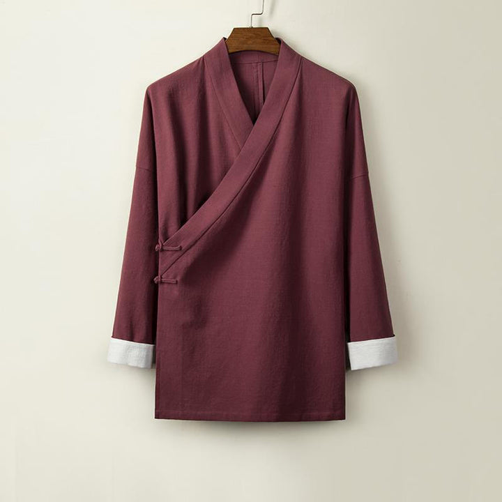 Buddha Stones Chinesische Froschknöpfe Langarm-Design Offene Frontjacke Herren-Kimono aus Baumwolle und Leinen - Dunkelrot - US/ UK/AU44，EU54 (4XL) - image 5