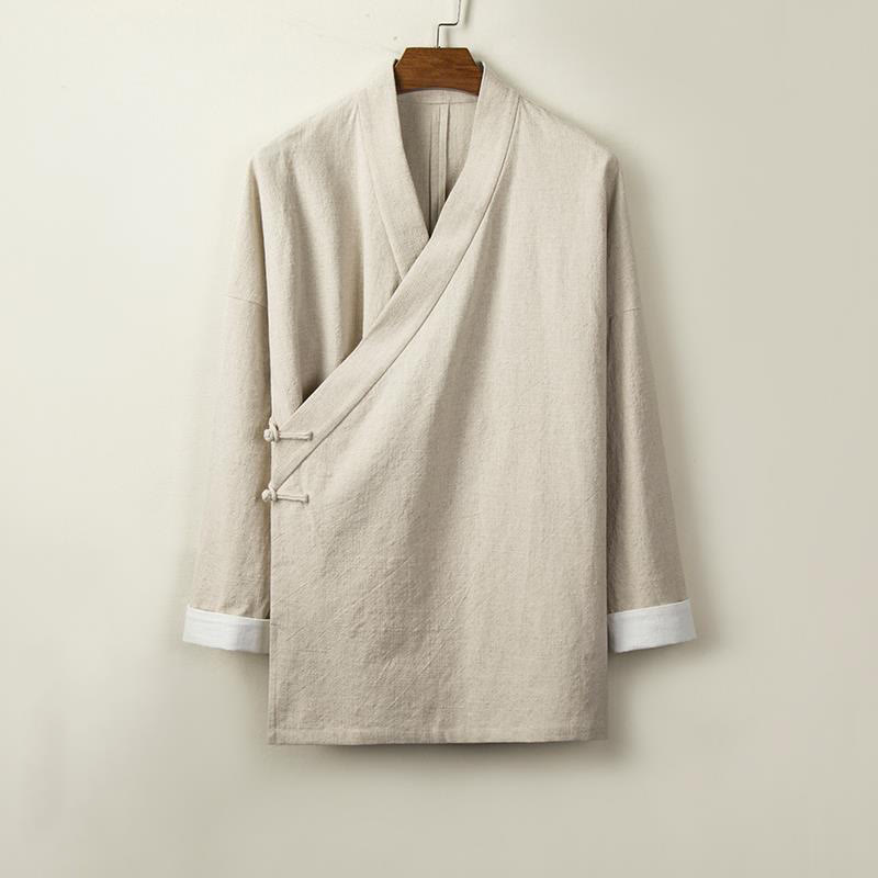 Buddha Stones Chinesische Froschknöpfe Langarm-Design Offene Frontjacke Herren-Kimono aus Baumwolle und Leinen - Beige - US/ UK/AU44，EU54 (4XL) - image 1