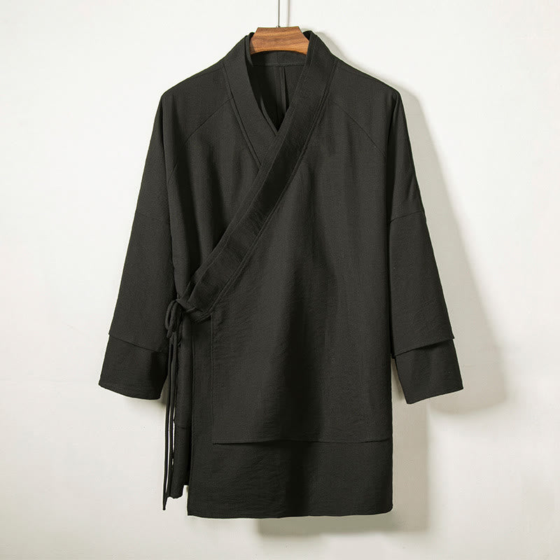 Buddha Stones Schnürdesign, offene Vorderseite, Herren-Kimono aus Baumwolle und Leinen mit langen Ärmeln - Schwarz - US/ UK/AU44，EU54 (4XL) - image 1
