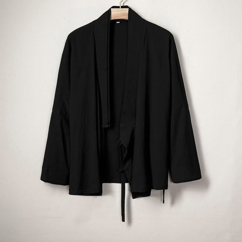 Buddha Stones Herren-Kimono mit offenem Vorderteil, schlichtes Design, Baumwolle und Leinen, langärmelig - Schwarz - US/ UK/AU44，EU54 (4XL) - image 1