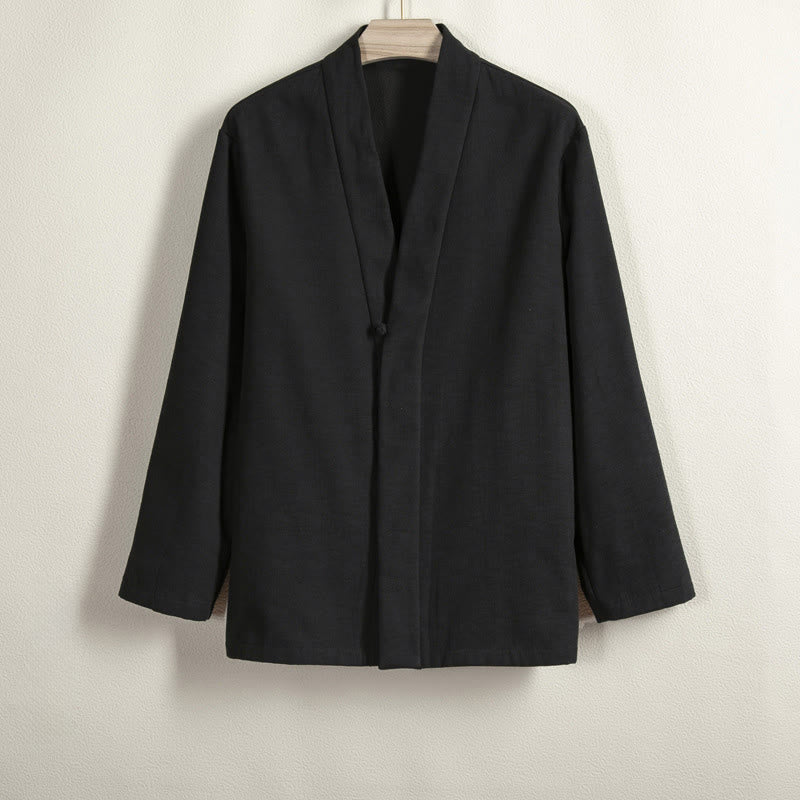 Buddha Stones Herren-Kimono mit langen Ärmeln und Froschknopf, vorne offen, Fleece-gefüttert, Baumwoll-Leinen - Schwarz - US/UK/AU44, EU54 (4XL) - image 9