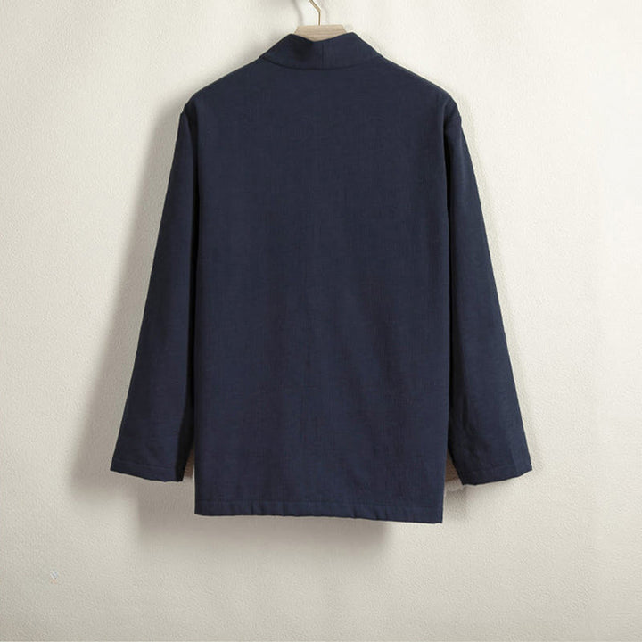 Buddha Stones Herren-Kimono mit langen Ärmeln und Froschknopf, vorne offen, Fleece-gefüttert, Baumwoll-Leinen - image 1