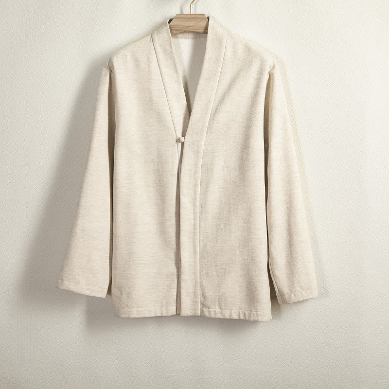 Buddha Stones Herren-Kimono mit langen Ärmeln und Froschknopf, vorne offen, Fleece-gefüttert, Baumwoll-Leinen - Beige - US/UK/AU44, EU54 (4XL) - image 7