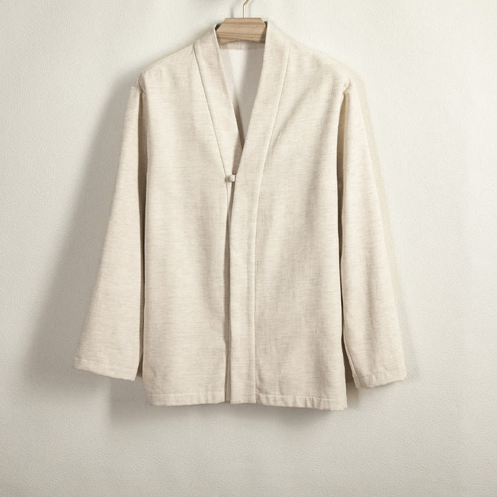 Buddha Stones Herren-Kimono mit langen Ärmeln und Froschknopf, vorne offen, Fleece-gefüttert, Baumwoll-Leinen - Beige - US/UK/AU44, EU54 (4XL) - image 7