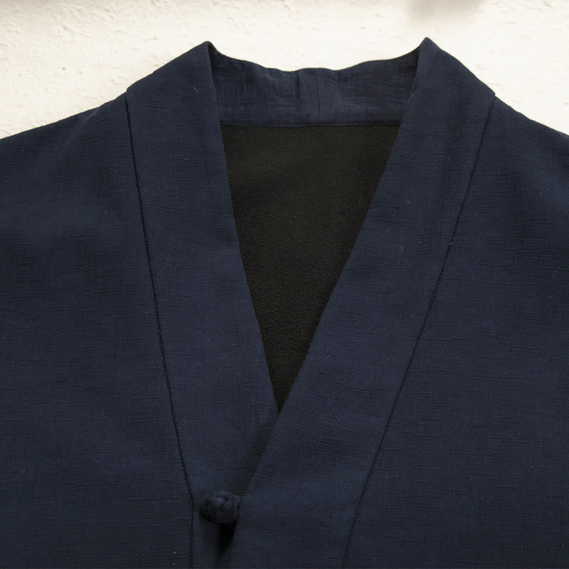 Buddha Stones Herren-Kimono mit langen Ärmeln und Froschknopf, vorne offen, Fleece-gefüttert, Baumwoll-Leinen - image 2