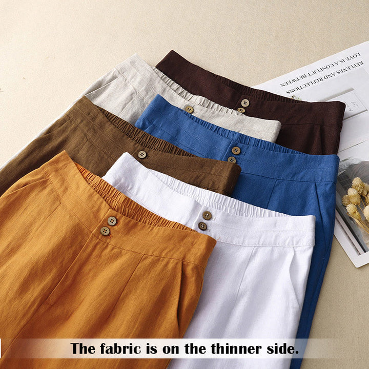 Buddha Stones Sommer-Lässige, schlichte Leinenhose für Damen mit weitem Bein und Reißverschlusstaschen - image 69