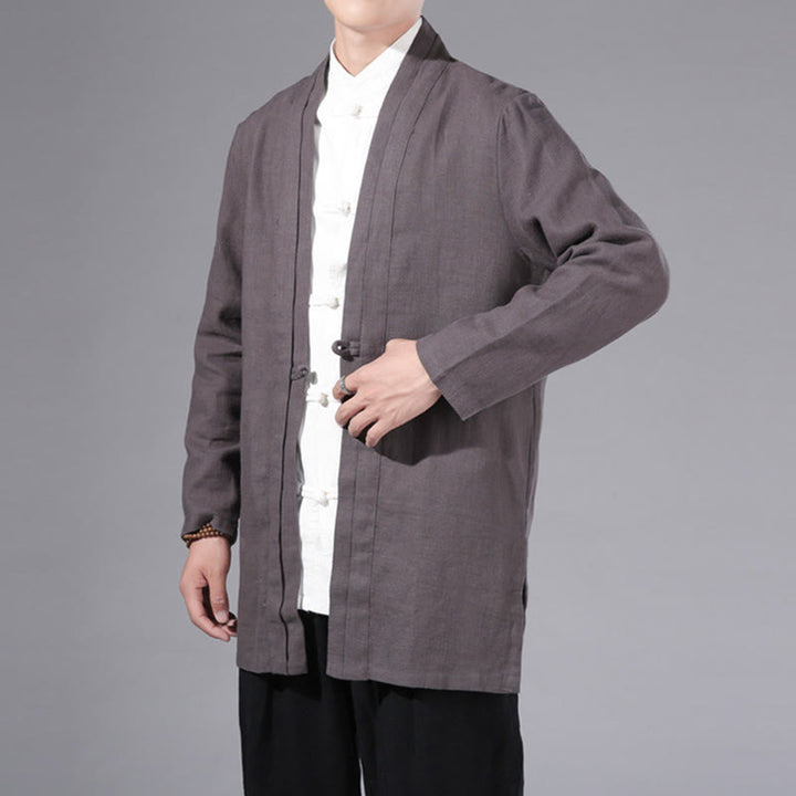 Buddha Stones Schlichtes, schlichtes Design, offene Vorderseite, Baumwolle, Leinen, Herren-Kimono mit langen Ärmeln - image 33