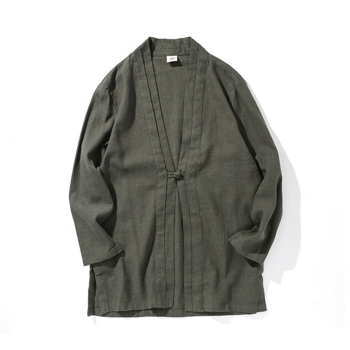 Buddha Stones Schlichtes, schlichtes Design, offene Vorderseite, Baumwolle, Leinen, Herren-Kimono mit langen Ärmeln - image 11