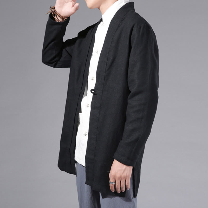 Buddha Stones Schlichtes, schlichtes Design, offene Vorderseite, Baumwolle, Leinen, Herren-Kimono mit langen Ärmeln - image 12