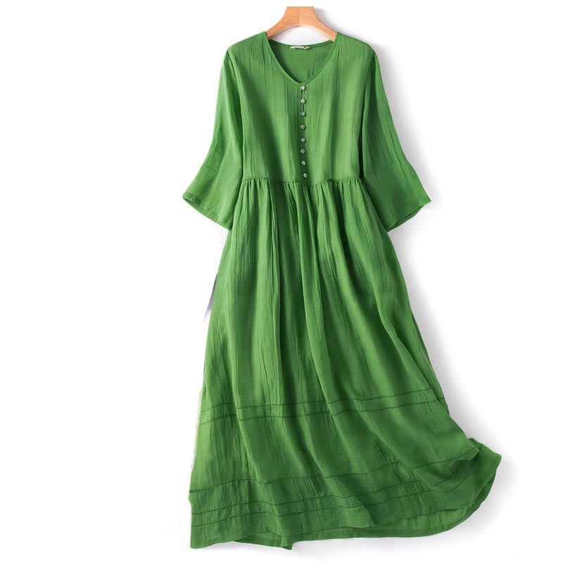 Buddha Stones Sommer-Midikleid aus Baumwolle mit V-Ausschnitt und halblangen Ärmeln - Grün - US12， UK/AU16，EU44 (2XL) - image 1