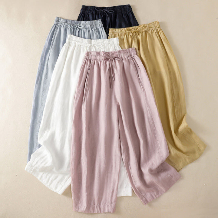 Buddha Stones Commute Damenhose mit weitem Bein und Kordelzug aus Baumwolle und Leinen im schlichten Design mit Taschen - image 34