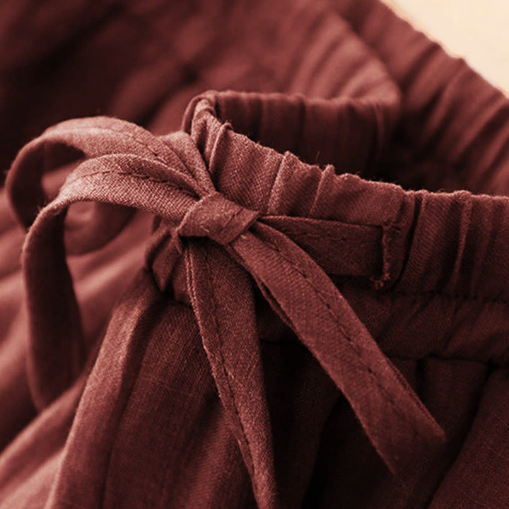 Buddha Stones Spring Pure Color Kordelzug Doppellagige Damenhose mit weitem Bein und Taschen - image 1