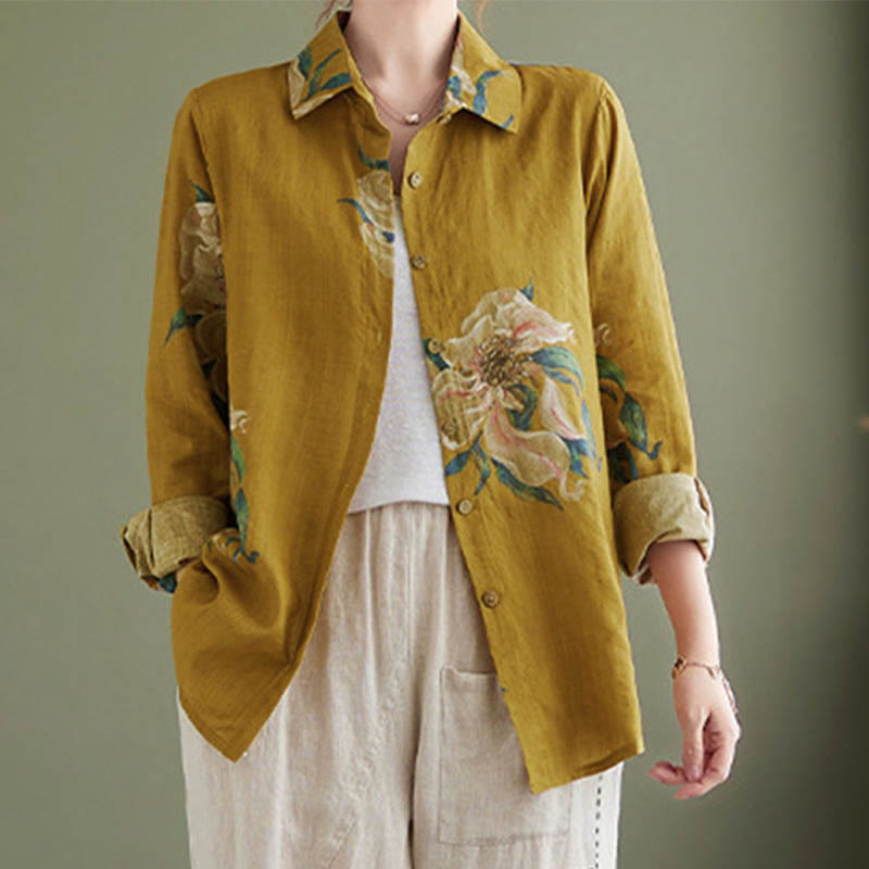 Buddha Stones Literarische künstlerische Blumendruck-Baumwollkleidung - Dunkelgoldenrod - US 8-10, UK/AU 12-14, EU 40-42 (2XL) - image 0