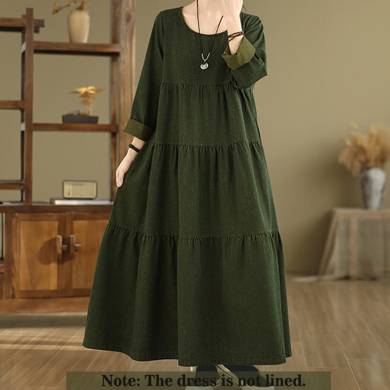 Buddha Stones Dunkelolivgrünes Patchwork-Maxikleid aus Baumwolle mit langen Ärmeln und Taschen - image 1