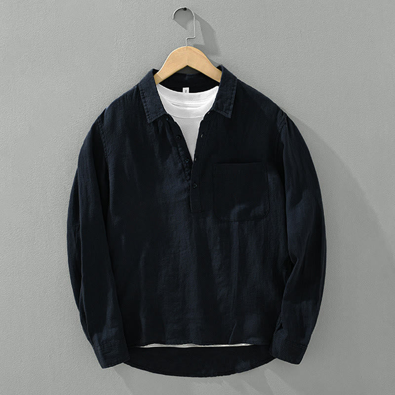 Buddha Stones Einfarbig Lose Langarm Halbknopfhemd Leinen Herrenbekleidung - image 13