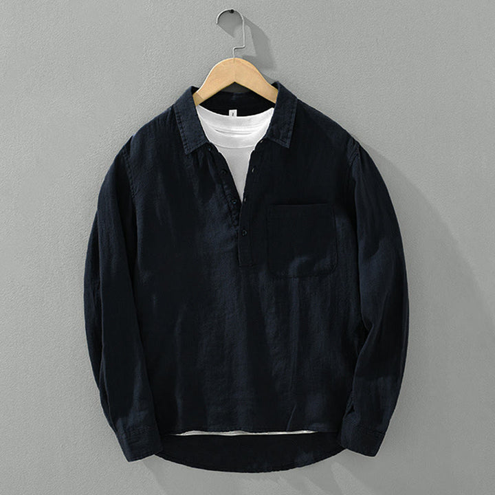 Buddha Stones Einfarbig Lose Langarm Halbknopfhemd Leinen Herrenbekleidung - image 13