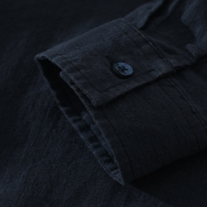 Buddha Stones Einfarbig Lose Langarm Halbknopfhemd Leinen Herrenbekleidung - image 9