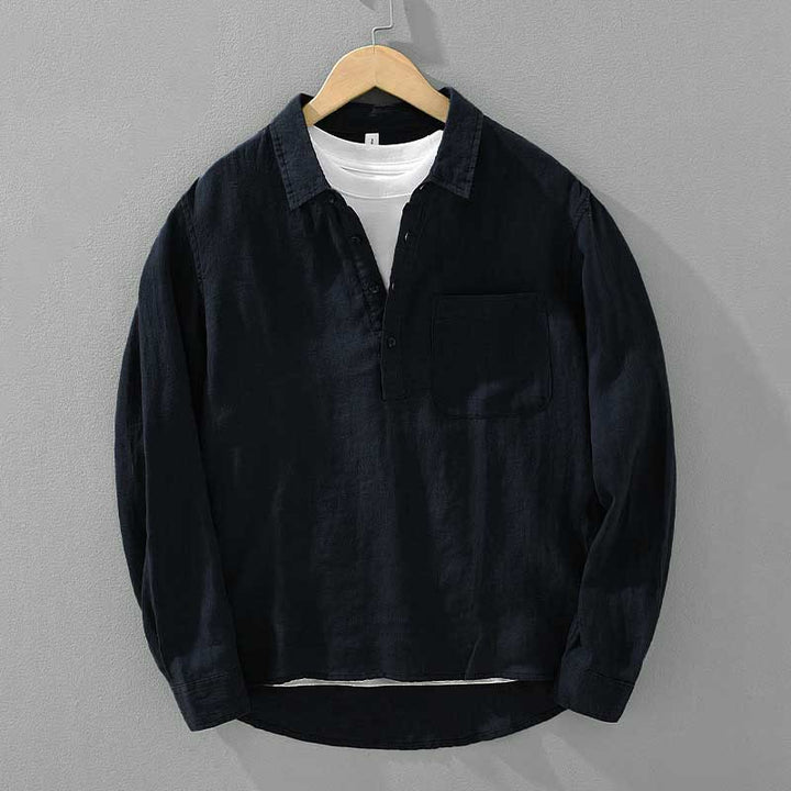 Buddha Stones Einfarbig Lose Langarm Halbknopfhemd Leinen Herrenbekleidung - Dunkelblau - US/ UK/AU42, EU52 (3XL) - image 8